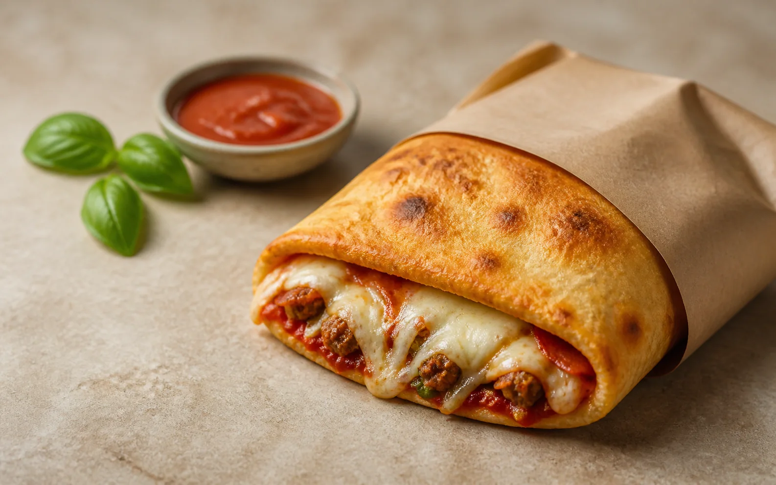 Bánh nướng nóng bọc nhân mozzarella và sốt cà chua trong giấy kraft